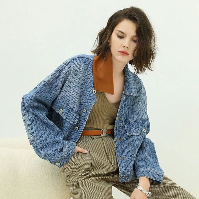 

Jean Jacket Women Denim Jackets Clothes Loose Jeans Denim Coat Autumn Spring Fall New Jackets Women PU Collar Casual Denim Coats