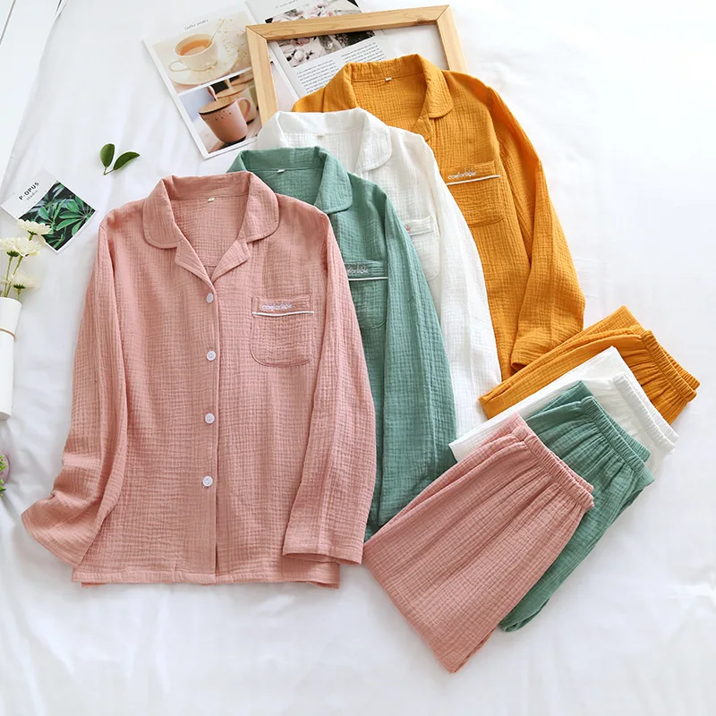 

Couple Pajamas set Women Men's Long-sleeved Trousers Crepe Tulle Full Cotton Japanese Style Turn-down Collar Home Service
