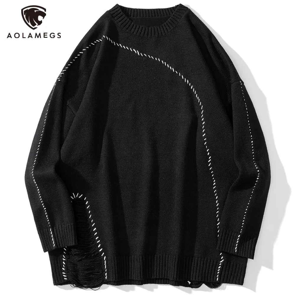 

Aolamegs Sweaters Men Solid Color Line Art Broken Hole O-Neck Jumpers Vintage College Style Knitted Tops Baggy Casual Streetwear