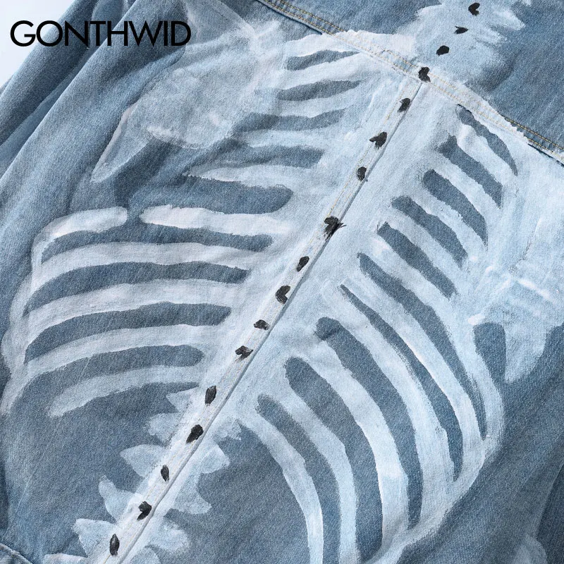 GONTHWID Граффити скелет и кости джинсовая куртка с принтом уличная мужская хип хоп