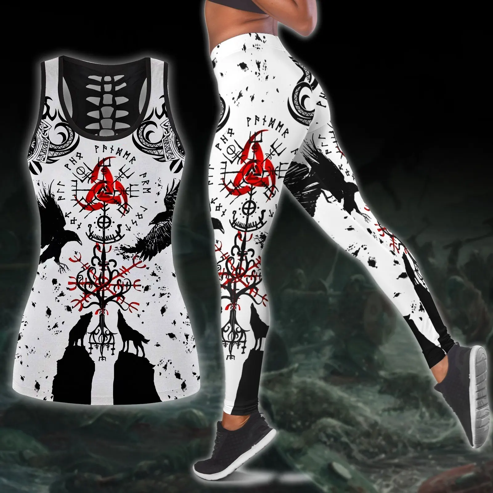 viking Odin Raven 3D Printed Hollow Tank Top & Leggings Set Fitness Female Full Length Leggings Comfortable Yoga Pants LKB-13