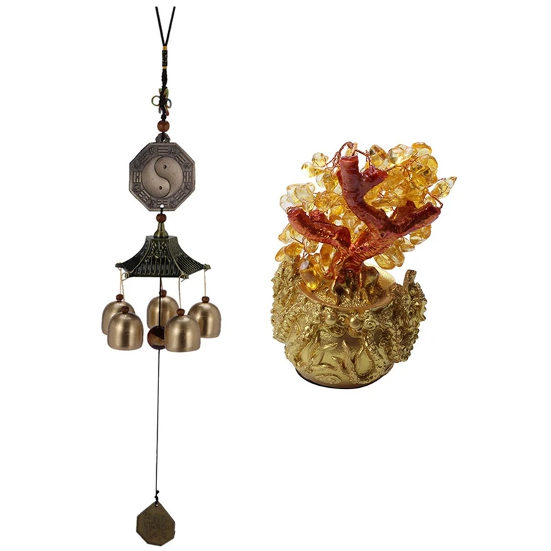 

Promotion! 1 Pcs Copper Feng Shui Wind Chime Wind and Bell Big & 1 Pcs Chinese Golden Crystal Lucky Money Fortune Tree