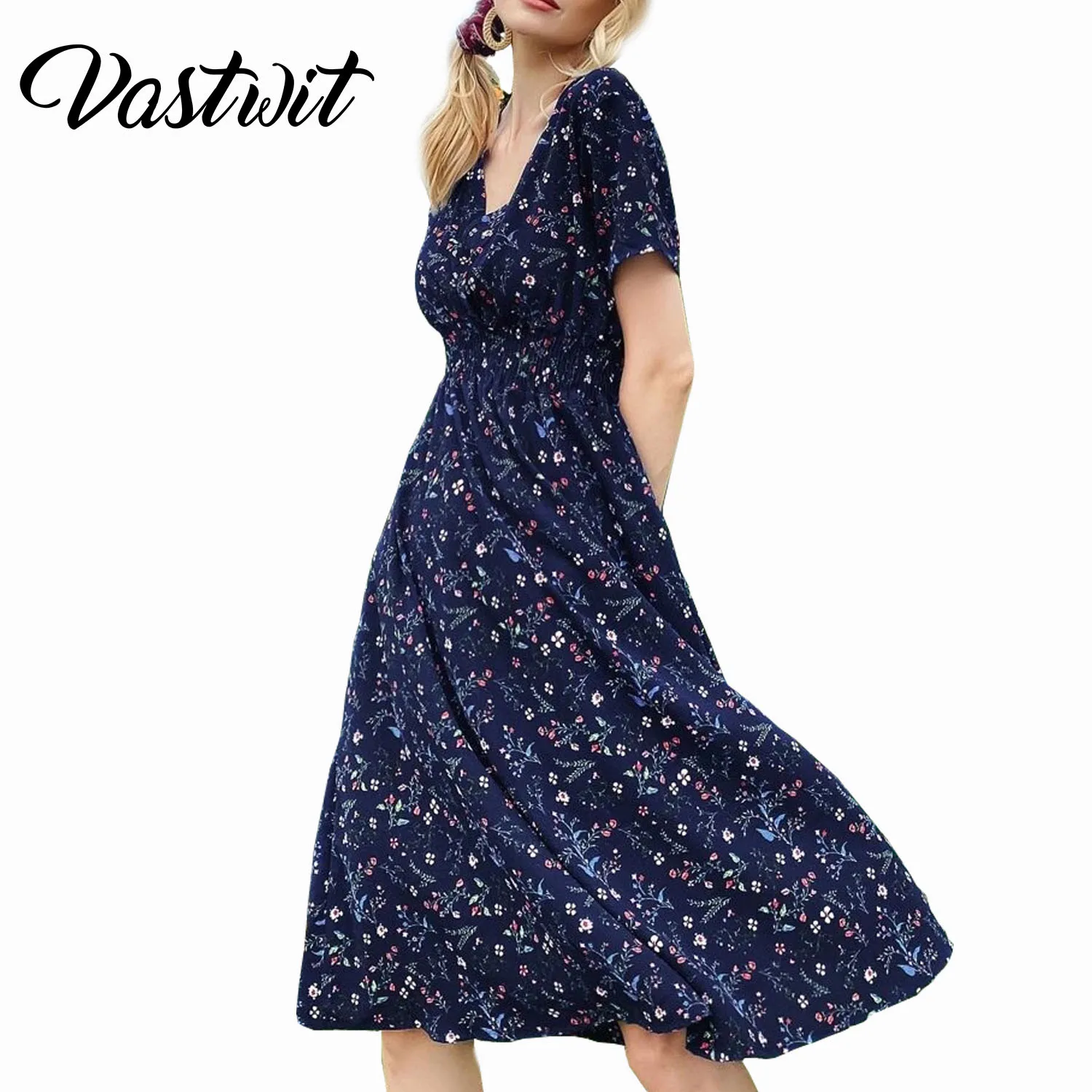 

Womens V Neck Floral Midi Chiffon Dresses Summer Casual Boho Short Sleeve Swing Dress