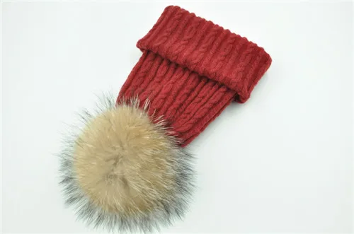 Red natural fur Вязаная Шерстяная Шапка из натурального меха енота, шапка с помпоном для женщин и девочек, новинка, осенняя, весенняя, зимняя женская меховая шапка - Цвет: Red natural fur