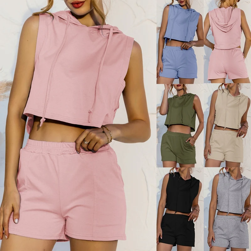 

Summer Sexy Sleeveless Drawstring Hooded Crop Top+Elastic Waist Shorts 2 Piece Set Solid Casual Outfits