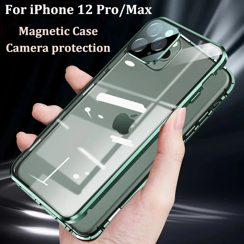 

Funda magnética de doble cara para iPhone 12, 11 Pro Max, protección completa 360, funda de vidrio templado para cámara