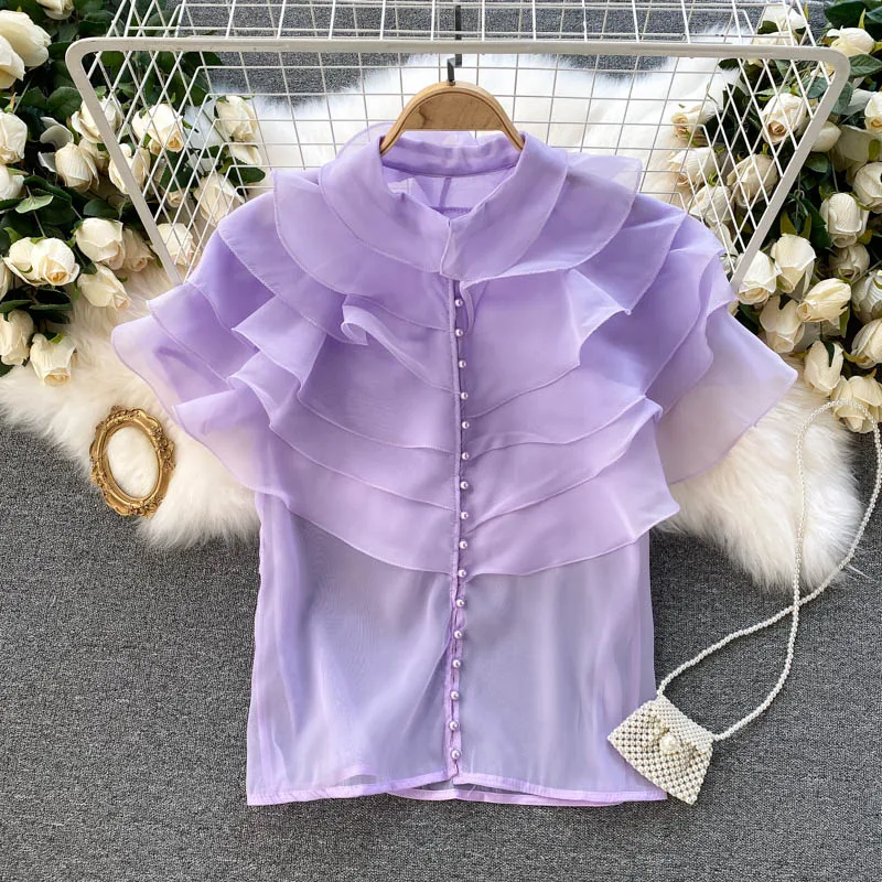 

Layered Ruffle Chiffon Short Sleeve Blouse Shirt 2021 Women Clothing See Through Thin Blouse Women Female Tops Elegant blusa New