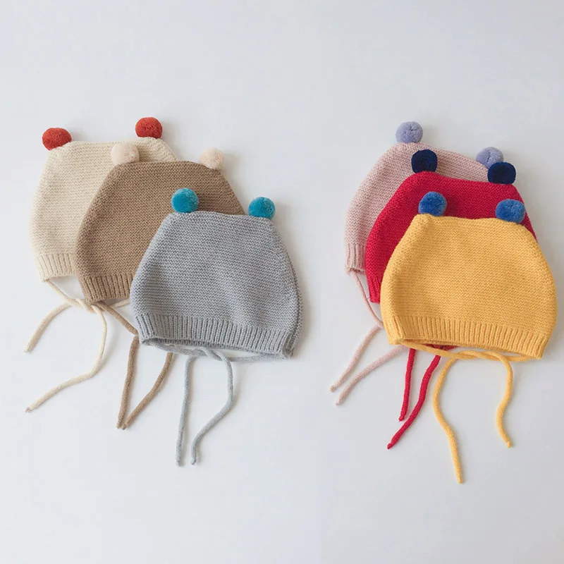 

Мягкая хлопковая детская шапка с мультяшным помпоном, однотонная вязаная шапка для новорожденных, для маленьких девочек и мальчиков, осенн...