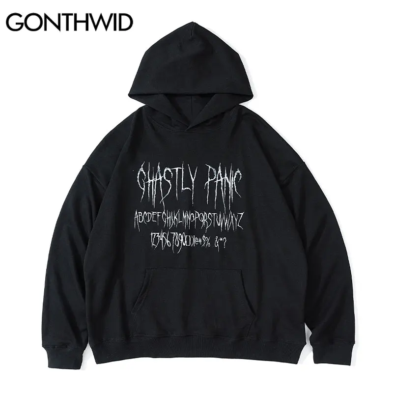 

GONTHWID Hip Hop Hoodie Gothic Streetwear Sweatshirt Graffiti Letter Print Hooded 2022 Men Harajuku Cotton Winter Pullover Black