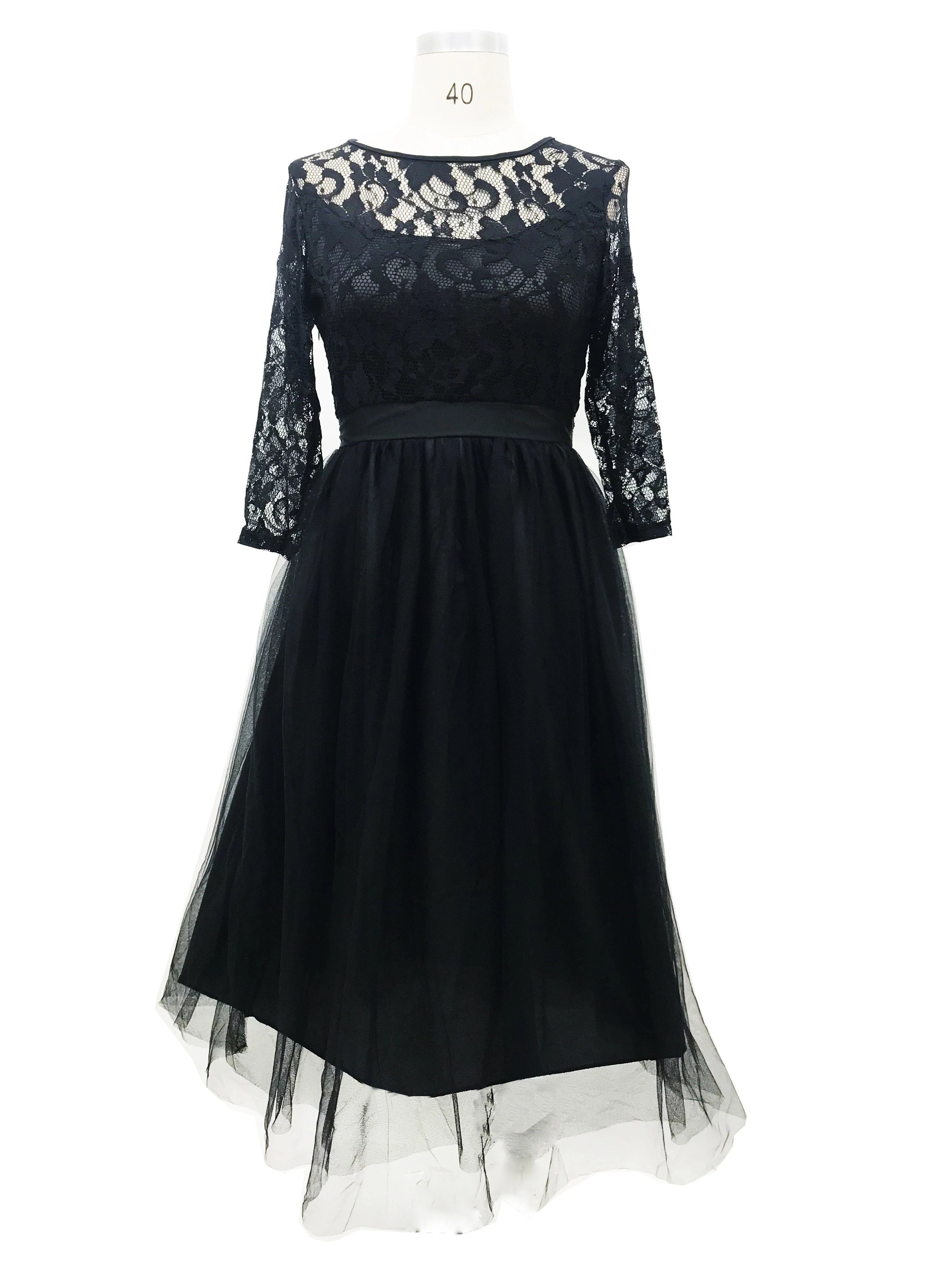 Модное женское кружевное черное платье с круглым вырезом и рукавом три четверти