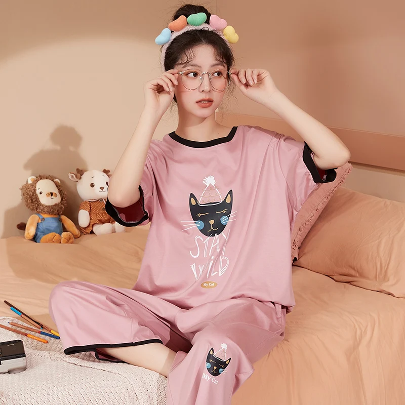 

Fashion Black O-Neck Cotton Cartoon Kawaii Girls Sleepwear Spring Summer Cute Korean Loose Women Calf-Length Pants Pajamas Set