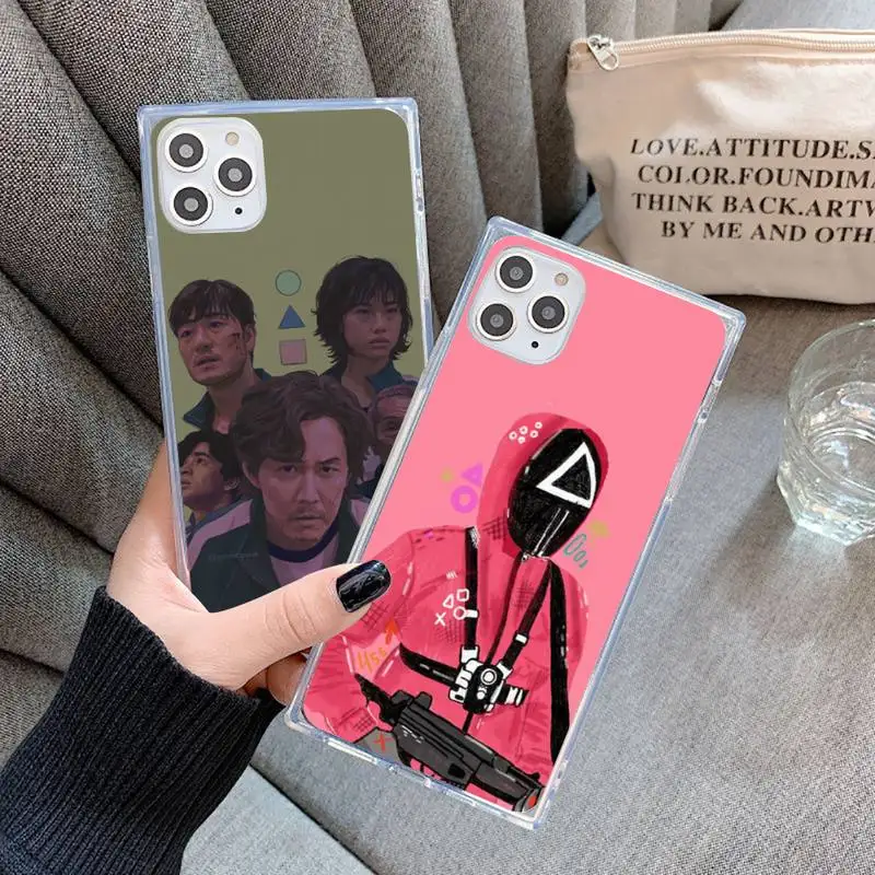 

Wooden Man Squid Game Phone Case For iPhone 7 8 11 12 X XS XR MINI Pro Max Plus Clear Square Transparent Oh Young-Su shell