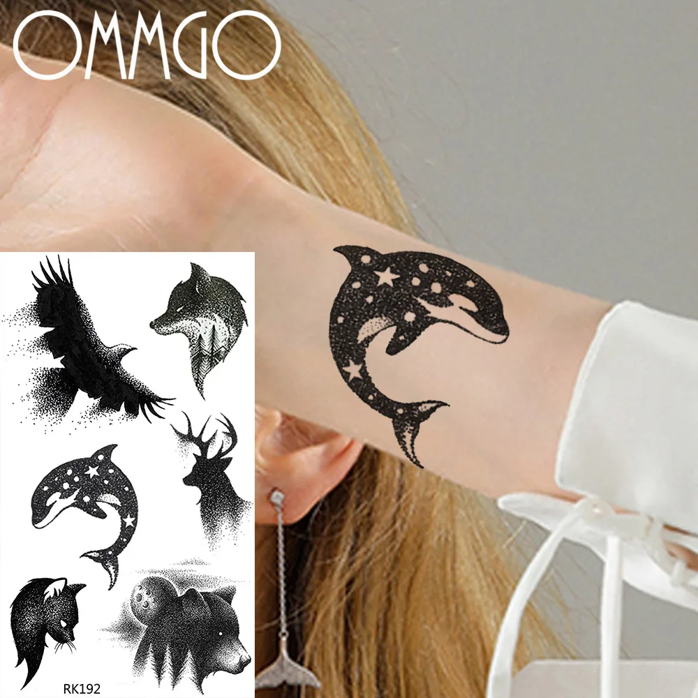 

Black Dolphin Whale Temporary Tattoos For Man Women Girls Leg Neck Tattoo Paste DIY Body Art Fake Bear Eagle Deer Tatoo Stickers