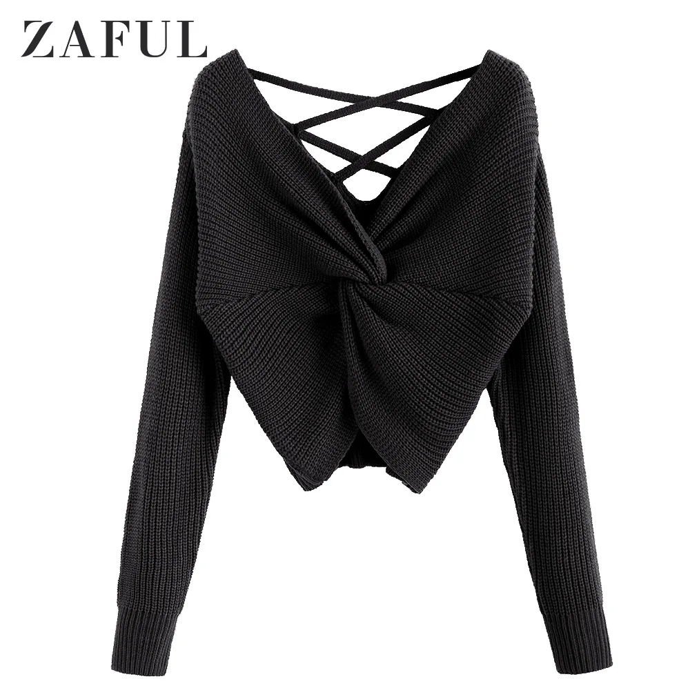 

ZAFUL Autumn Twisted Plunging Criss Cross Sweater For Women Drop Shoulder Sweater Pullovers Ladies Loose Short Tops Night Out