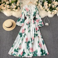 lukaxsikax 2021 new spring autumn women runway long dress fashion rose flowers print big hem chiffon dress