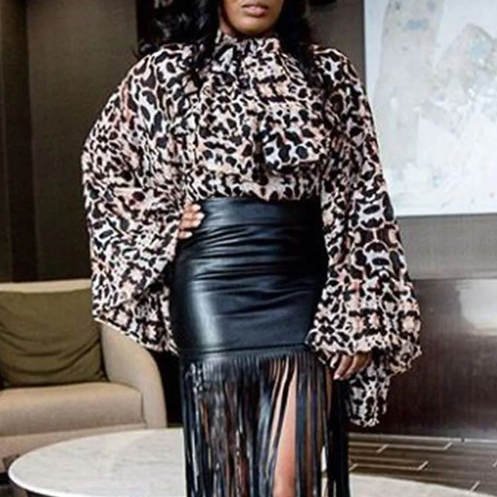 Винтажная леопардовая женская блузка с высоким воротом и бантом африканская
