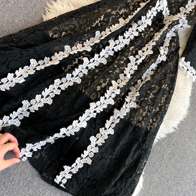

Spring Autumn Black Embroidered Party Dress Women Elegant O-Neck Big Swing Lace Vestidos Female Fashion 2021 New