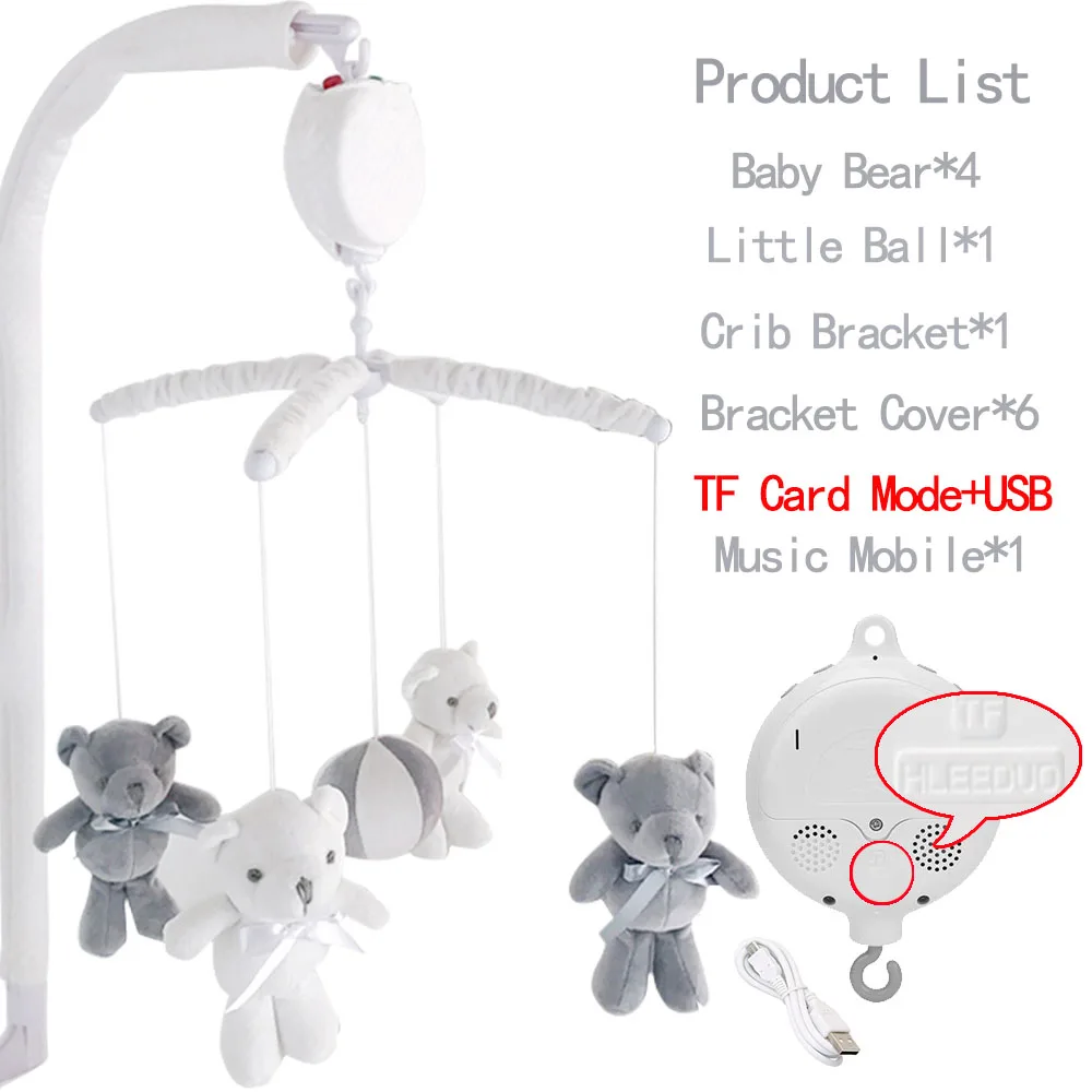 13Pcs Bear Baby Rattles Crib Mobile White Rattles Bracket Set 0-12M Baby Toys Remote Controll Clockwork Music Box Bed Bell Toy - Цвет: WJ3329G