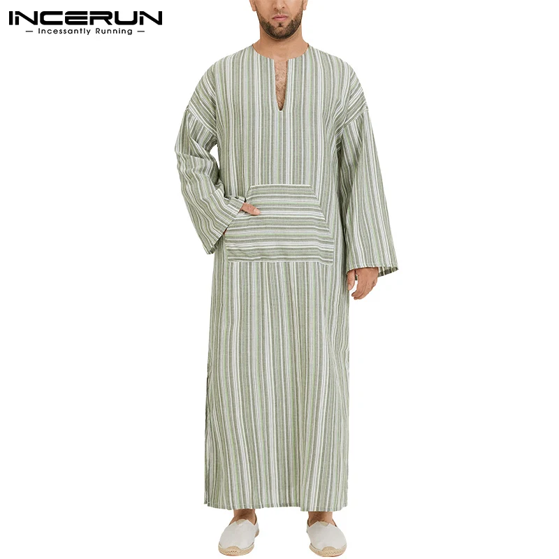 

INCERUN Men Striped Muslim Kaftan Islamic Clothes Vintage Loose Pockets Long Sleeve Saudi Arabia Men Jubba Thobe Islamic Caftan