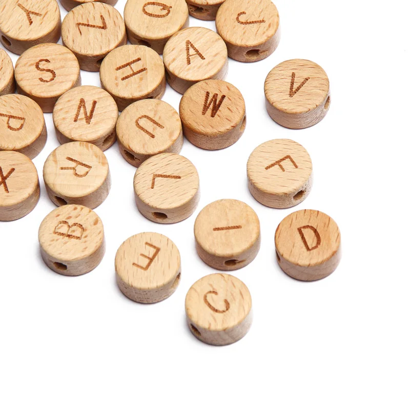 20Pcs/lot 10 15mm Mixed Letter Beech Wood Beads Round Flat Alphabet Loose Spacer Beads For Jewelry Making Handmade Diy Bracelet images - 6