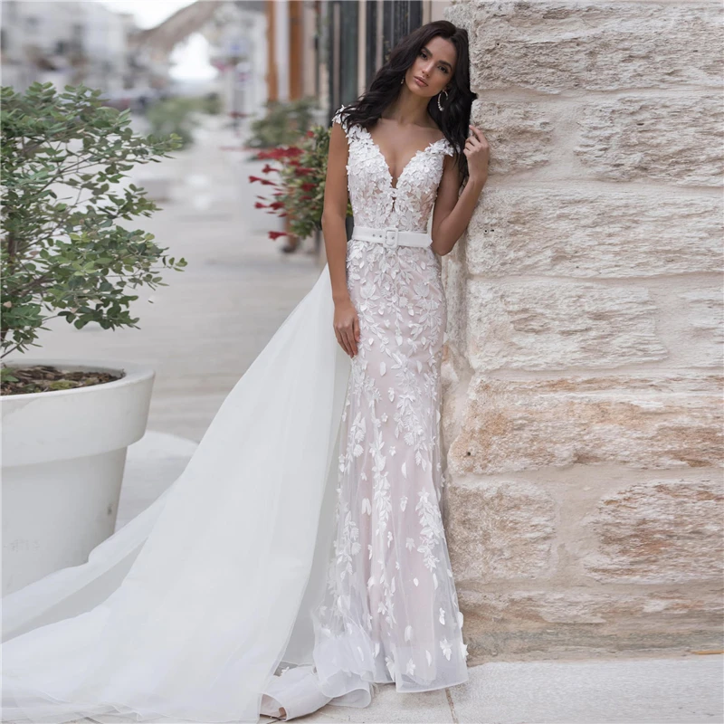 

Женское свадебное платье с юбкой-годе, кружевное платье невесты со съемным шлейфом и 3D цветочной аппликацией, платье невесты в богемном стиле