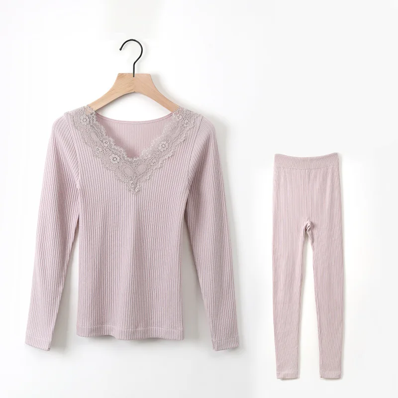 

Women 25% Cotton Sleepwear 2Pcs Spring V-Neck Top Long Pants Thermal Underwear Elastic Warm Soft Sleepwear Set