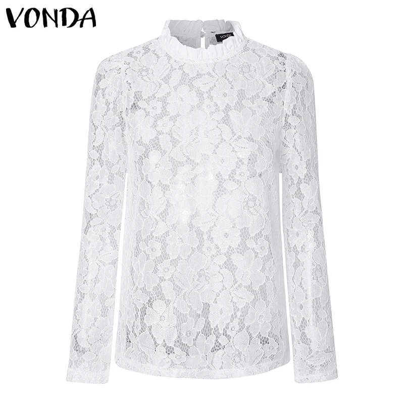 VONDA, белая кружевная блузка, женская рубашка, весна-осень, длинный рукав, Круглый ворот, открытая, повседневная, для девушек, кружевные топы, Blusas Feminina 5XL