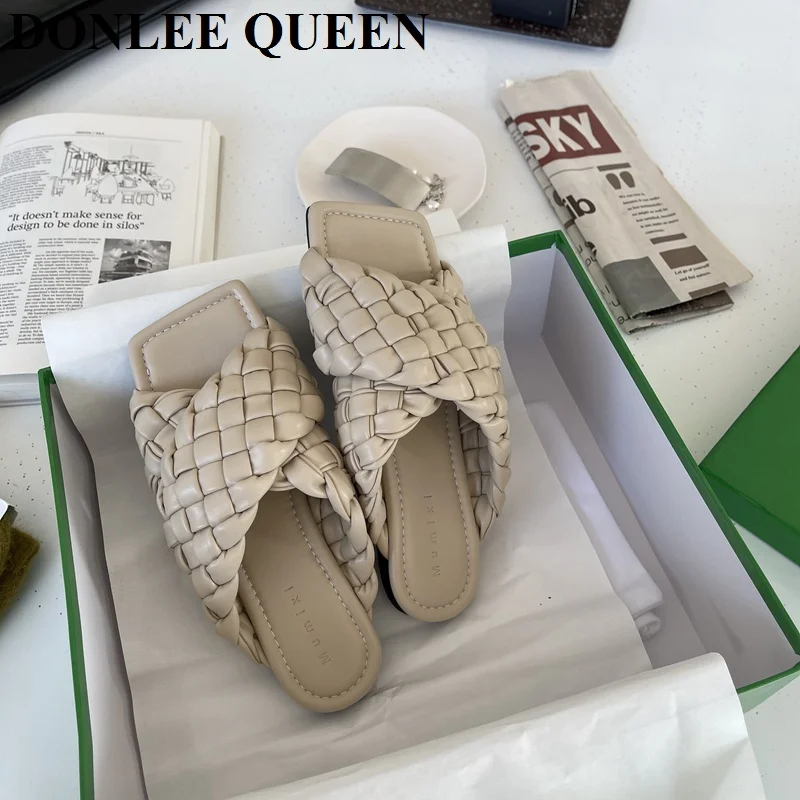 

Fashion Square Toe Slippers Women Flat Casual Slides Brand Weave Flip Flops Beach Sandals Shoes Summer Footwear Zapatillas Mujer