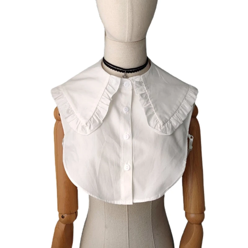 

Women Autumn Ruffled Triangular Lapel Fake Collar Detachable White Dickey Blouse Button Down O-Neck Layering Half Shirt