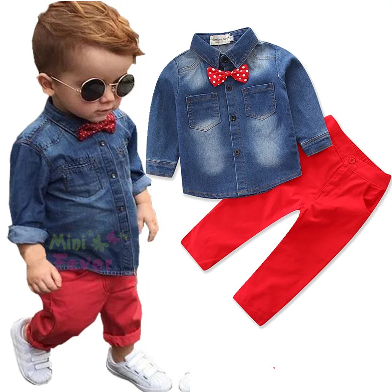 2019 new fashion baby boys clothing sets denim jacket+ red pants 2pcs outfits Handsome chlidren |