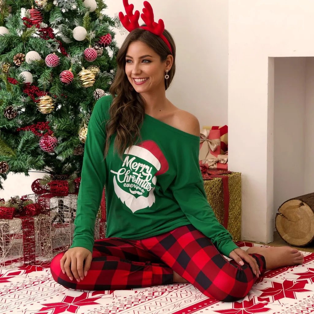 

Merry Christmas Women Winter Pajamas Set Cotton Sleepwear Long Lattice Pants + Xmas Print Pyjamas Women Clothes Pajama Plus Size