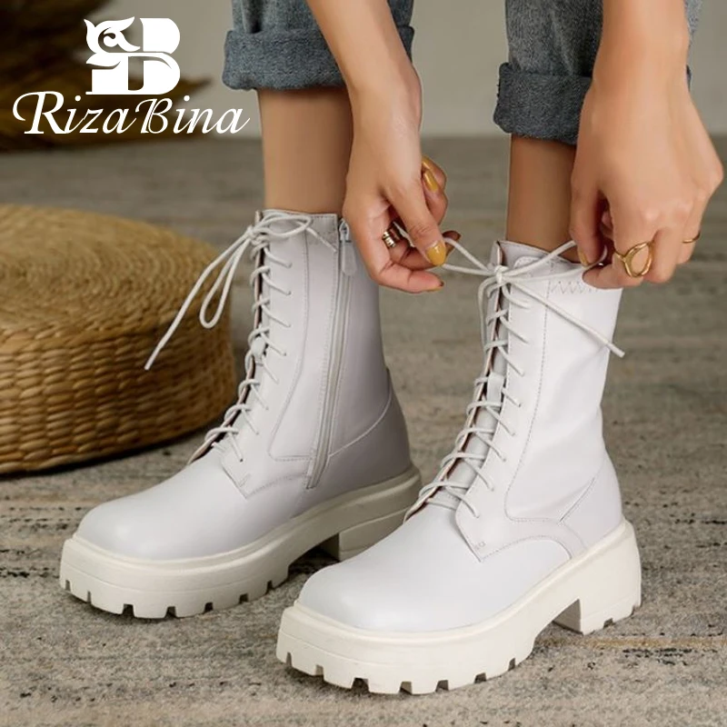 

RIZABINA Women Half Short Boots Real Leather Cross Strap Zipper Thick Heel Shoes Winter Boots Women Party Footwear Size 33-40
