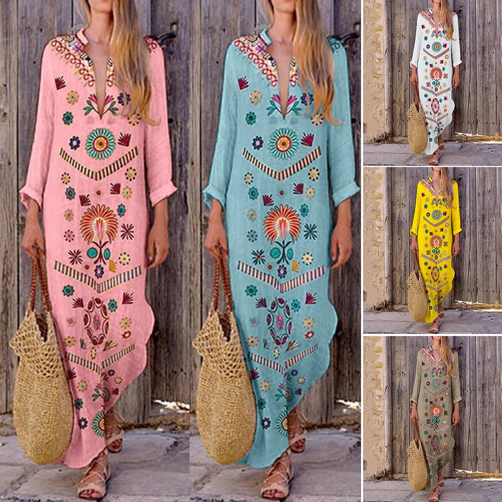 

Cocktail Party Long Sleeve Fashion Spring Floral Loose Women Dress Casual Long Maxi Evening Polyester V Neck Vintage Printed