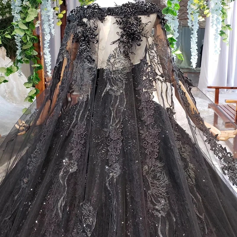 HTL440G women evening dress long black square neck handwork bead appliques lace long evening gowns with cape abiye gece elbisesi