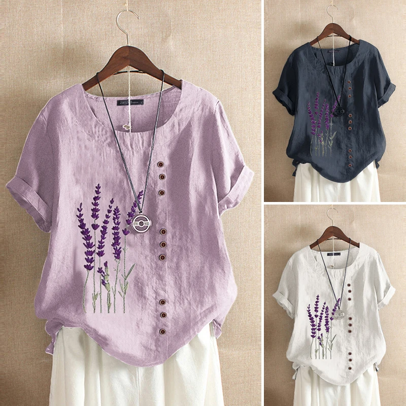 

Women's Shirt Blouse Elegant Autumn Short Sleeve Tee Shirts Button Cotton Blusa Female Vintage Tops Ladies Printed Plus Size 5XL