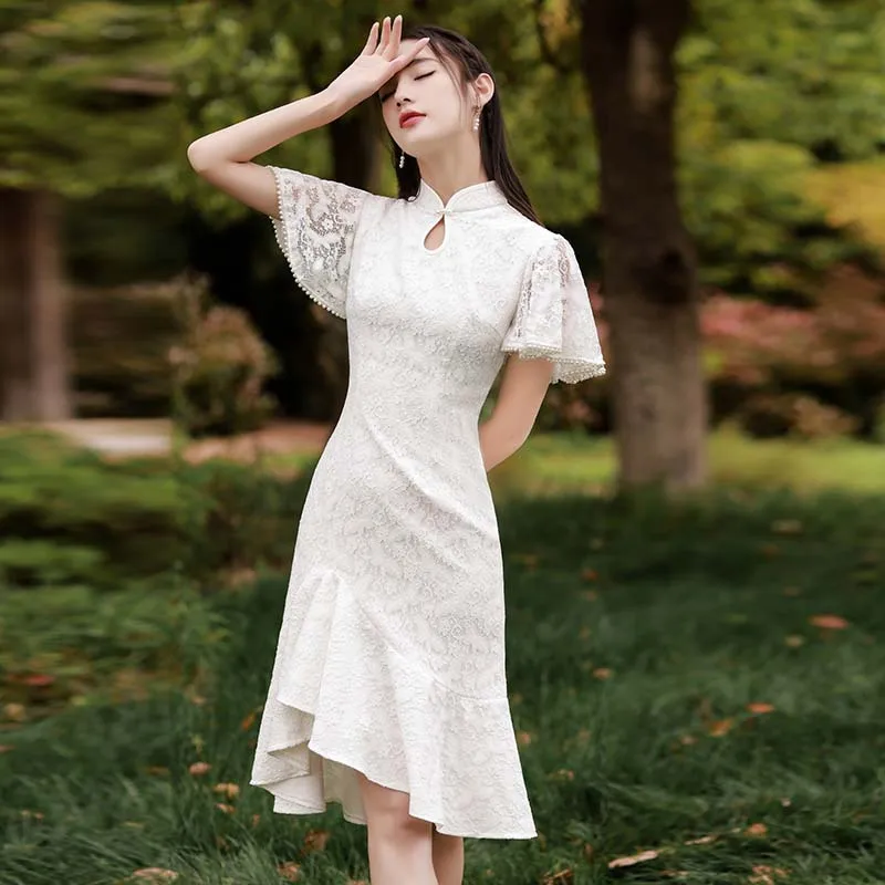

White Lace Classic Cheongsams Sexy Perspective Qipao Women Vintage Mandarin Collar Chinese Dress Traditional Elegant Formal Gown