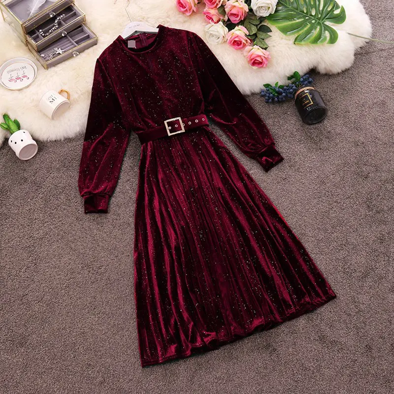 2019 Осень Зима Новое Женское платье с О образным вырезом и рукавами фонариками