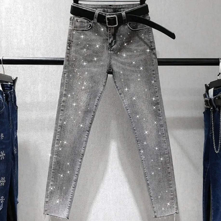 Новые женские модные джинсы до щиколотки со стразами повседневные джинсовые