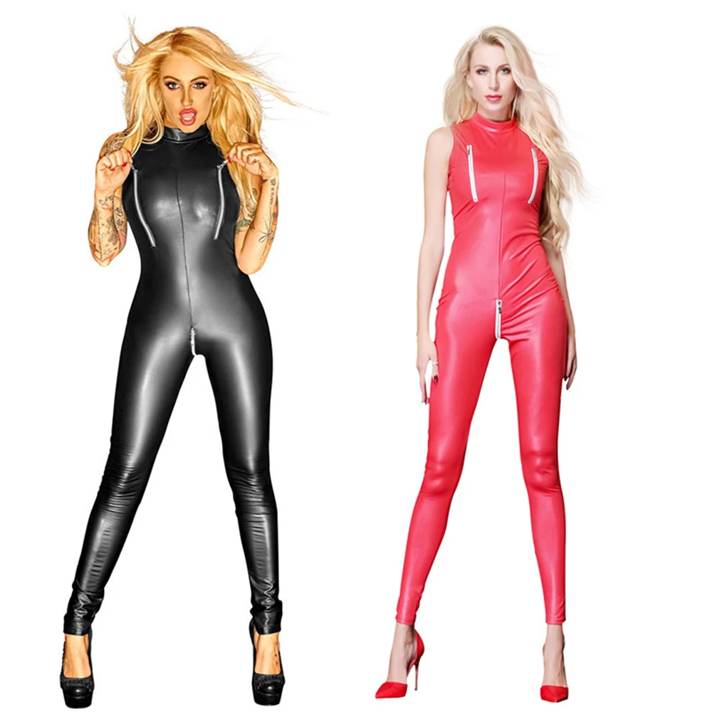 

Women Sexy Lingerie Faux Leather Catsuit Night Club Jumpsuit Zipper Open Crotch and Show Chest Erotic Bodysuit Fetish Uniforms