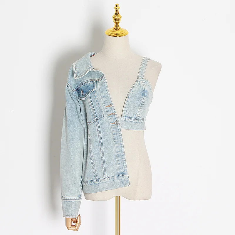 

2021 Female Autumn Spring Patchwork Asymmetrical Denim Coat Off Shoulder Long Sleeve V Neck Sexy Tops Women Fashion NJ3