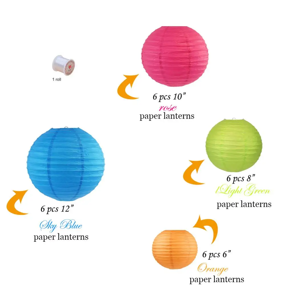 24 шт. Китайский бумажный фонарь разных размеров небесно-голубой оранжевый