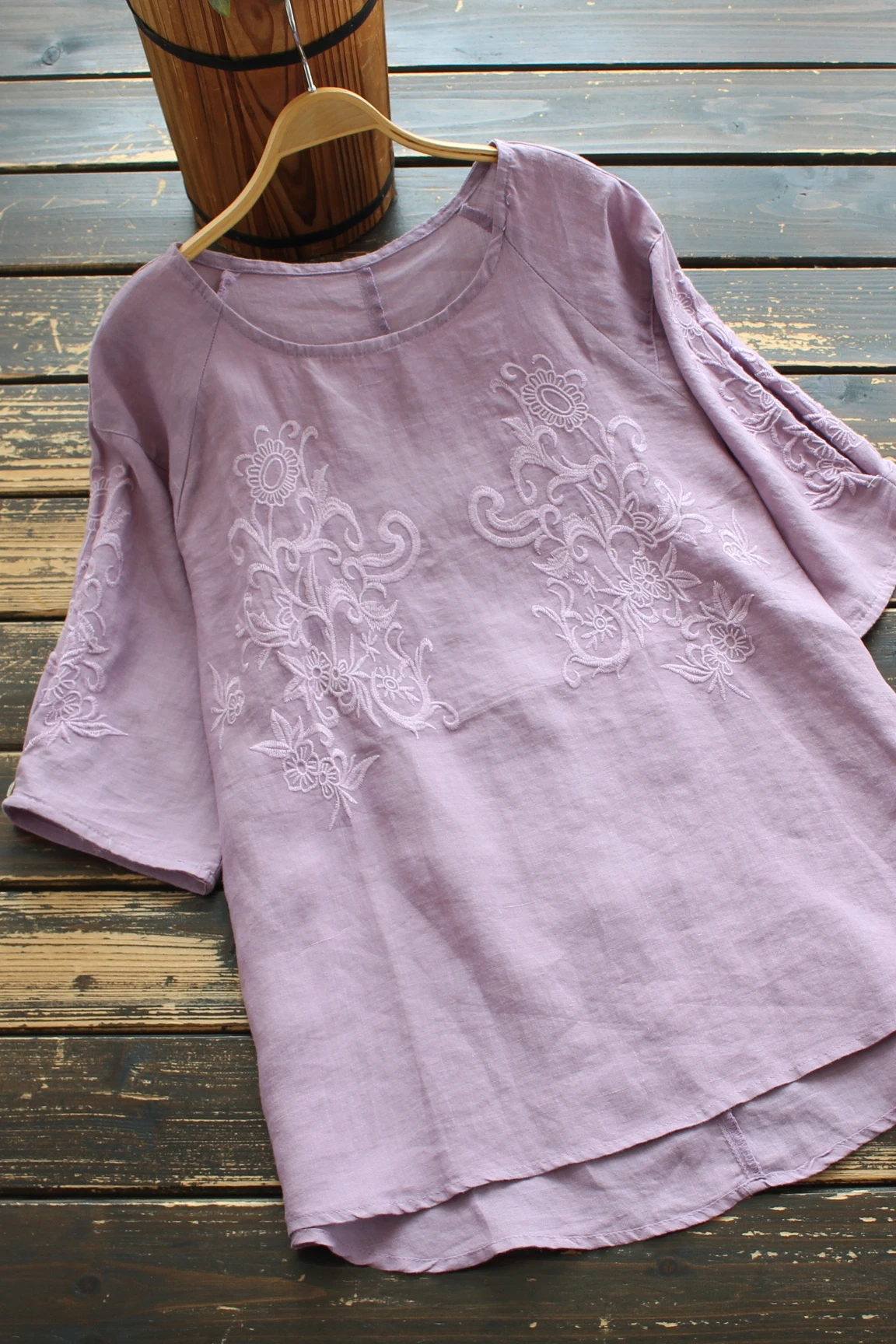 

new summer solid linen top women short sleeve O neck loose embroidery top shirt female