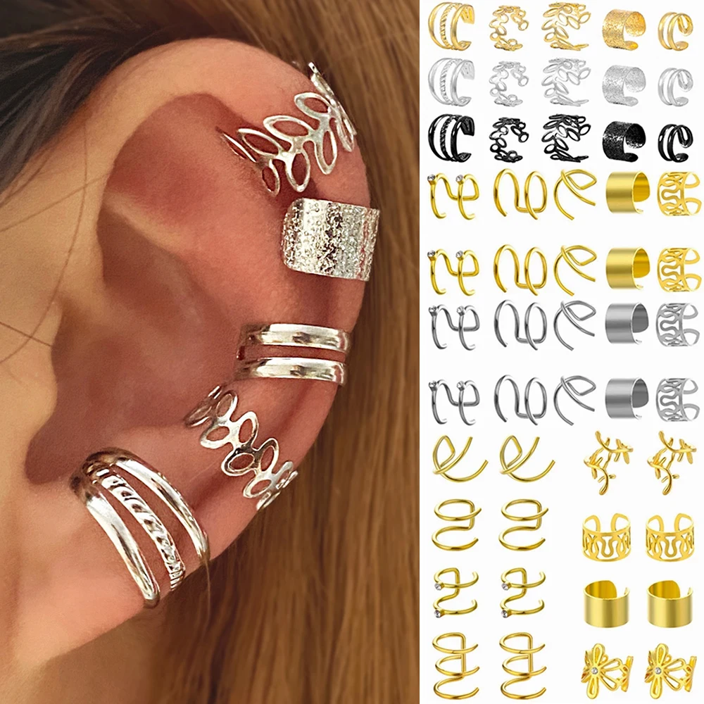 

Gold Color Star Leaves Ear Cuff Black Non-Piercing Ear Clips Fake Cartilage Earrings Clip Earrings For Women Wholesale Jewelry