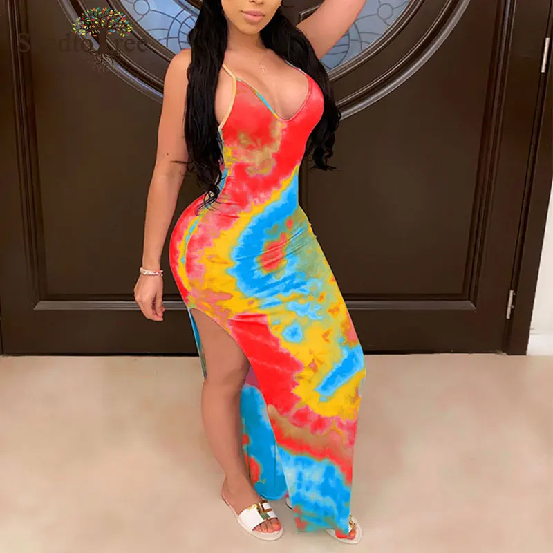 Женское платье макси на бретелях спагетти с открытой спиной и высоким