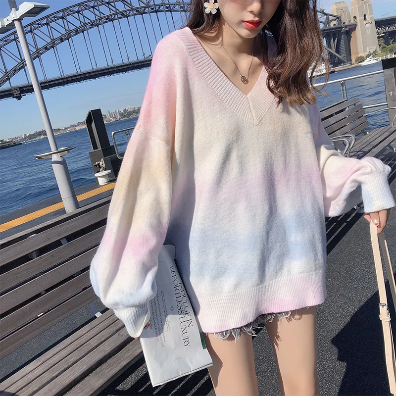 MISHOW Spring Autumn Rainbow Pink Sweater women V-neck Loose Long Sleeves Knit Pullover Over Size Outer Wear Tops MX19C5425 | Женская