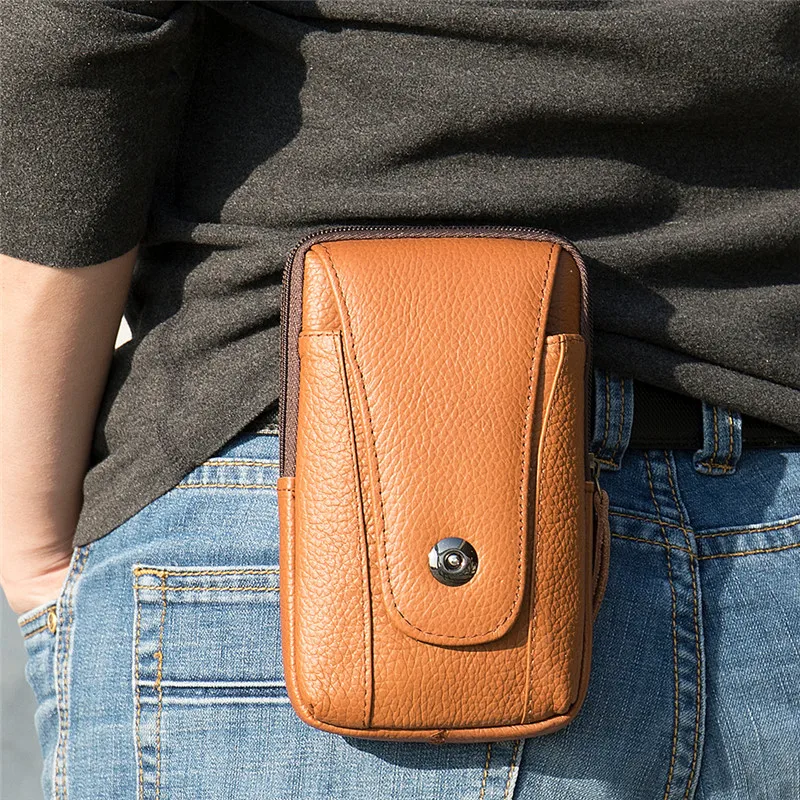 

Luxury Natural Leather Men Casual Design Vintage Small Hook Bum Bag Fanny Waist Belt Pack Cigarette Case 6" Phone Pouch