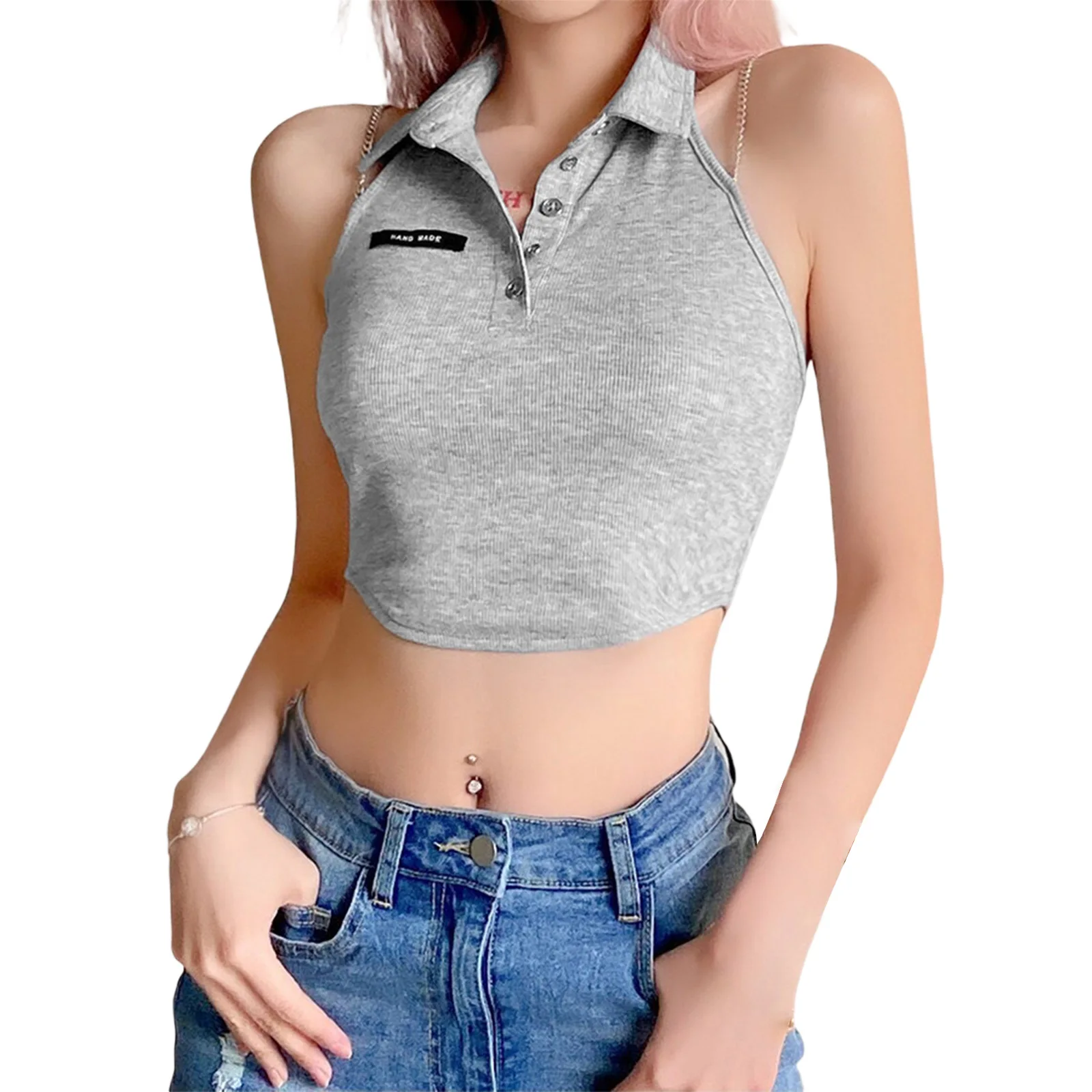 

Женский модный однотонный жилет с бретелькой через шею, пикантная майка с отворотами, цепочкой, вышивкой и открытым пупком