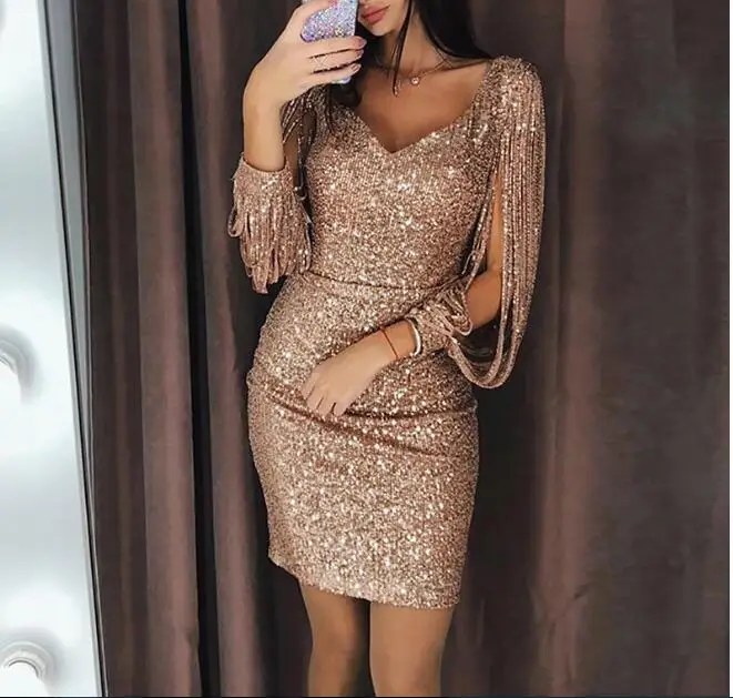 

Fringed Vestidos For Women Dress Long Sleeve Pack Hip Nightclub Sexy Party Bright Mini Dress M02