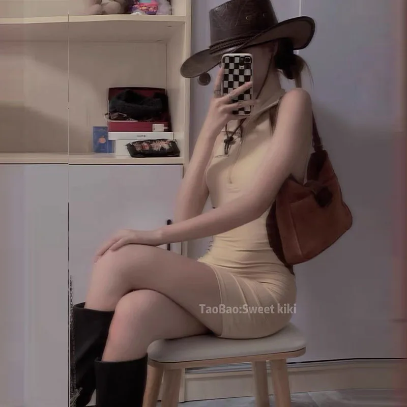 

Женское милое платье-поло с воротником Спайс для девушек, облегающее пикантное обтягивающее платье-майка на молнии, пикантное корейское же...