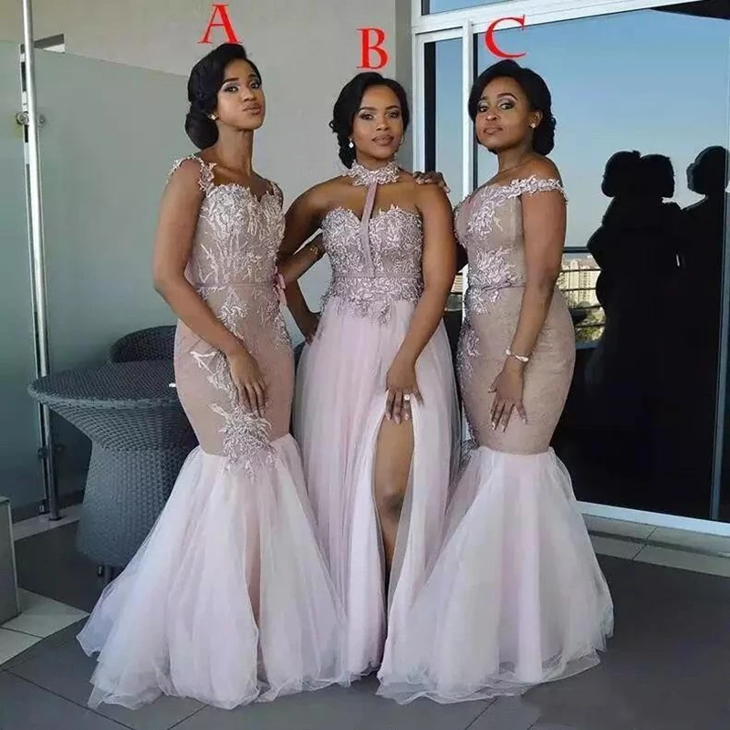 

Fast Shipping ! Customized 3 Style African Mermaid Pink Bridemaid Dresses Lace Appliqued Tulle Prom Dresses Wedding Party Gowns